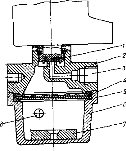 Газовый фильтр с постоянным магнитом и электромагнитным клапаном:   1 - резиновый уплотнитель; 2 - основание; 3 - выходной канал; 4 - металлическая обойма фильтрующего элемента; 5 - резиновое уплотнительное кольцо; 6 - отстойник; 7 - постоянный магнит; 8 - входной канал 