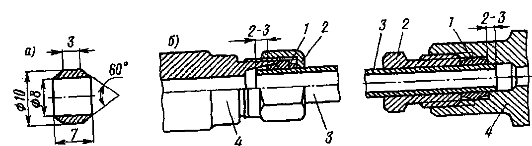 Беспрокладочное соединение трубопровода с помощью конусной муфты: а - конусная муфта; б – соединение трубопровода; 1 - конусная муфта; 2 - гайка; 3 - труба; 4 - соединяемая деталь 